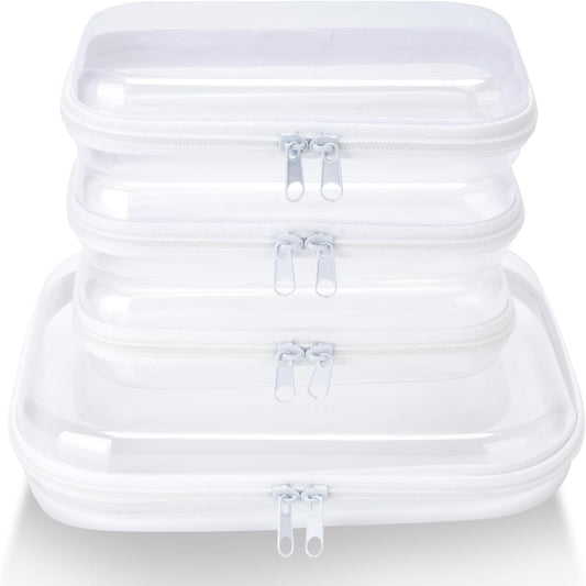 4 pcs Clear Zipper Pouches,Hard Shell Zipper Case, Toiletry Bag for Travel, CLear Diaper Bag, Toiletry Pouch, Travel Organizer, Clear Cosmetic Bag,Toy Storage Bins (M+3S)-FemmiqueWomen