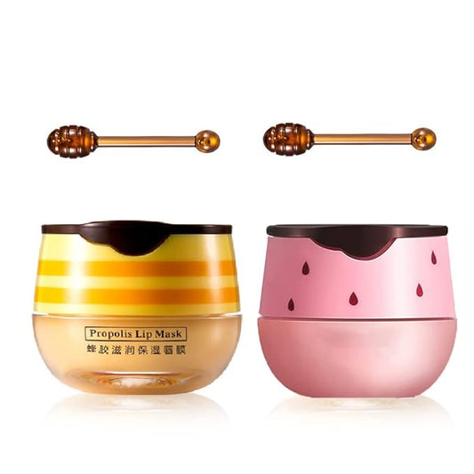 2PCS Lip Balm Honey Pot,Honey & Strawberry Lip Balm, Propolis Moisturizing Honey Lip Mask Lip Balm, Hydrating & Prevention Dry and Cracked Lip Scrubs Exfoliator-FemmiqueWomen