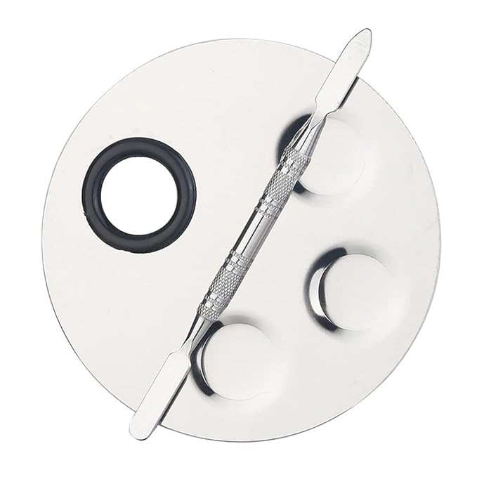 1 Set Round Stainless Steel 3-Well Cosmetic Makeup Palette with Spatula Cosmetic Artist Palette Mixing Palette with Spatula Nail Art Eye Shadow Lipsticks Mixing Makeup Tools, Silver-FemmiqueWomen