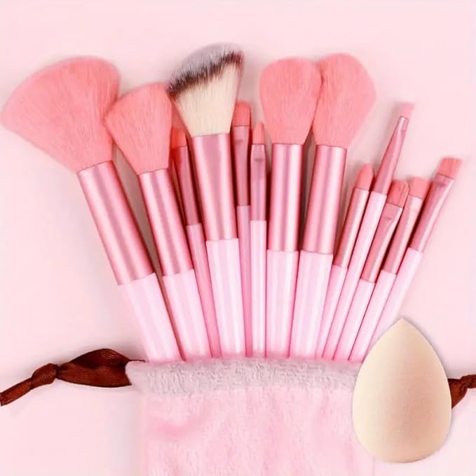 Foundation Makeup Brush Set Kit | 13 Pcs Premium Synthetic Kabuki Eye Shadows Make Up Brushes + 1 Sponge + 1 Brush Bag for Travel and Home Use (PINK)-FemmiqueWomen
