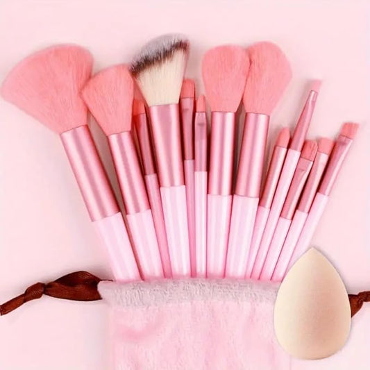 Foundation Makeup Brush Set Kit | 13 Pcs Premium Synthetic Kabuki Eye Shadows Make Up Brushes + 1 Sponge + 1 Brush Bag for Travel and Home Use (PINK)-FemmiqueWomen