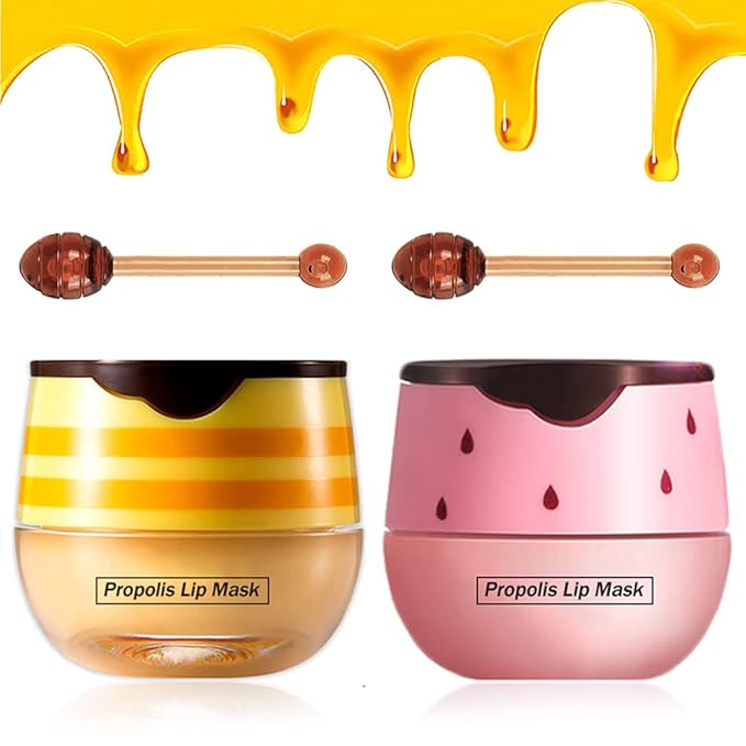 2PCS Bee Balm Lip Balm Honey Pot & Strawberry Sleeping Lip Mask, Propolis Moisturizing Honey Lip Mask Lip Balm, Hydrating & Prevention Dry and Cracked Lip Scrubs Exfoliator, Winter Lip Care Products-FemmiqueWomen