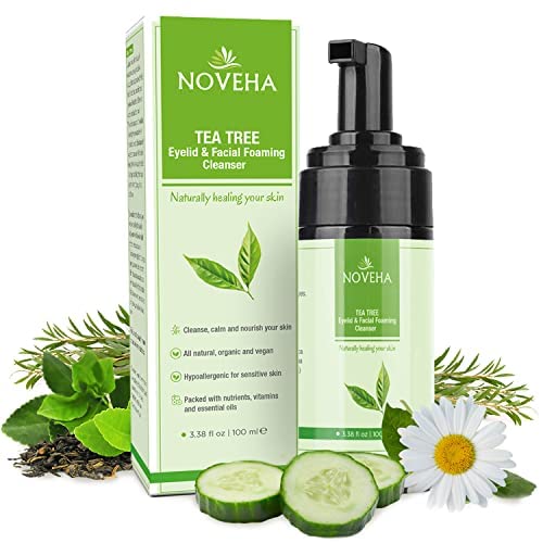 NOVEHA Tea Tree Oil Foaming Gentle Cleanser | Therapeutic Daily Skincare For Eyelash & lids, Eye Irritations, Stye Eyes, Skin Dryness, Moisturize with Organic Ingredients, All Types, 3.38 Ounce-FemmiqueWomen