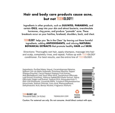 Teenology Shampoo for Teens - Avoid Forehead and Body Acne - No Sulfates or Parabens, Noncomedogenic, Natural Botanical Extracts, 16 oz. (Fresh Papaya)-FemmiqueWomen