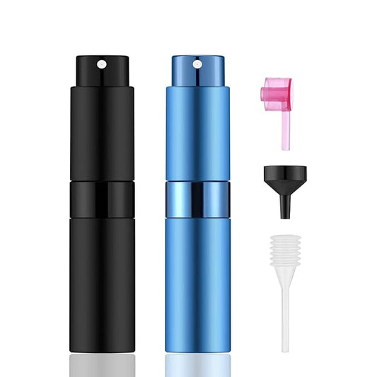 2 PCS/8ml Portable Mini Perfume Atomizer bottles, Empty Refillable Spray Bottle with 3 Types of Refill Tools, Pocket Travel Perfume Sample Bottles(Matte Black&Blue)-FemmiqueWomen