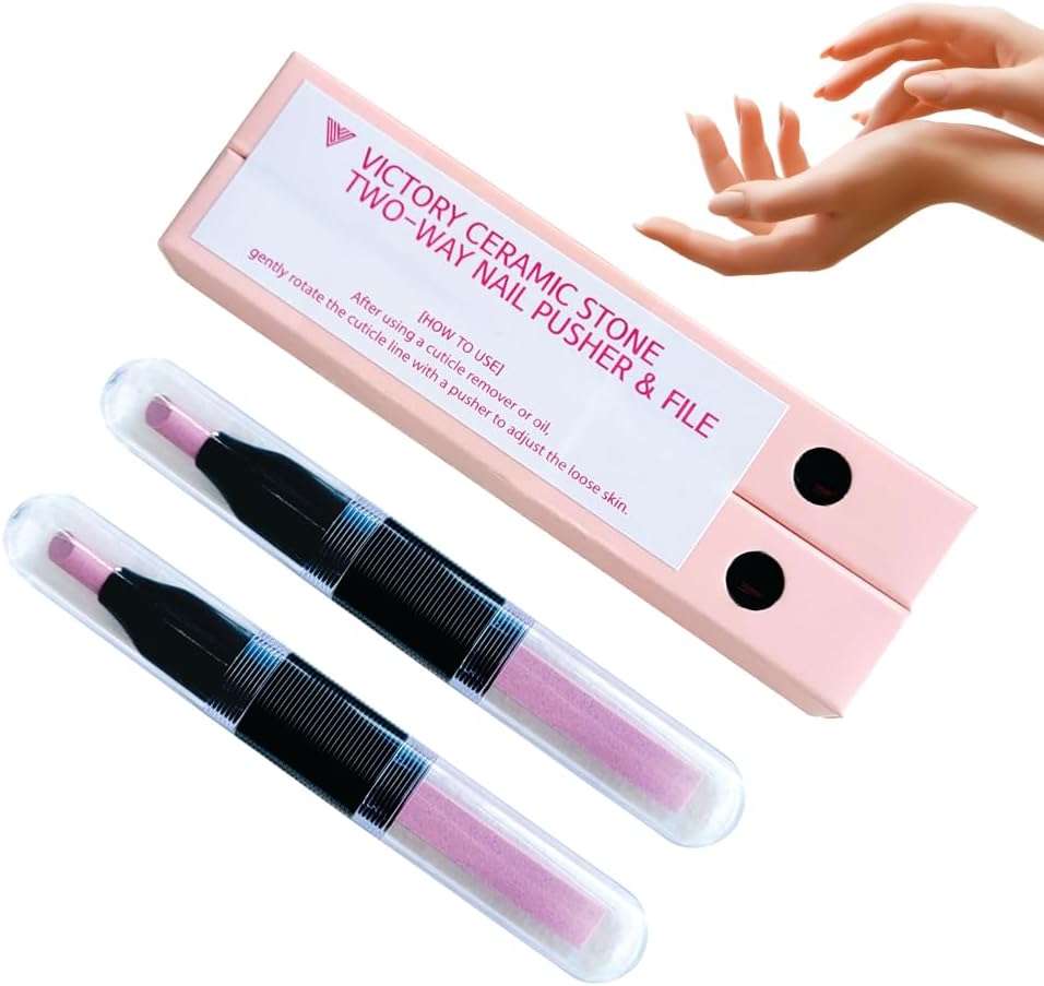 2PCS Victory Ceramic Stone Two-Way Nail Pusher & File (Black) Cuticle Trimmer Manicure Tools Professional Nail File Pumice Fingernail Files-FemmiqueWomen