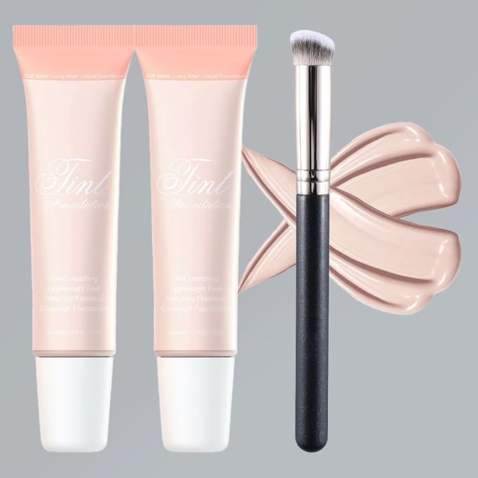 2 Pack Liquid Foundation Cream with Foundation Brush for Face Makeup,Durable Full Coverage Matte Concealer Make Up,Oil Control & Waterproof Base Primer -1 Fl.Oz (#01)-FemmiqueWomen