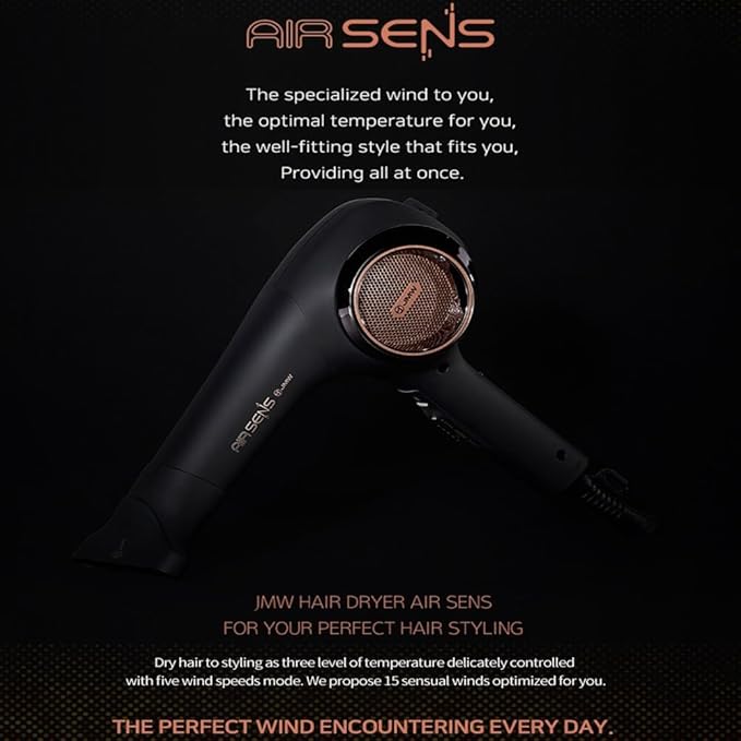 JMW Korean Professional Salon Hair Dryer AIR Sense I 15 Winds-3 Heat X 5 Speed Mix, 2 Nozzles & Dryer Stand, Upgrade BLDC Motor, 100% Cool Shot, Smart Memory, Fast Drying, Quiet and Long-Lasting-FemmiqueWomen