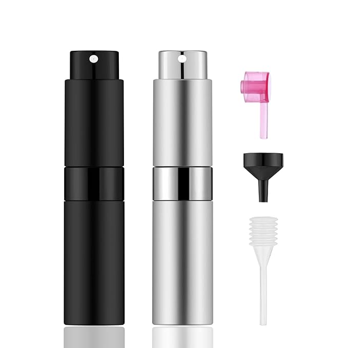 2 PCS/8ml Portable Mini Perfume Atomizer bottles, Empty Refillable Spray Bottle with 3 Types of Refill Tools, Pocket Travel Perfume Sample Bottles(Matte Black&Silver)-FemmiqueWomen