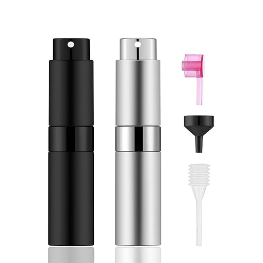 2 PCS/8ml Portable Mini Perfume Atomizer bottles, Empty Refillable Spray Bottle with 3 Types of Refill Tools, Pocket Travel Perfume Sample Bottles(Matte Black&Silver)-FemmiqueWomen