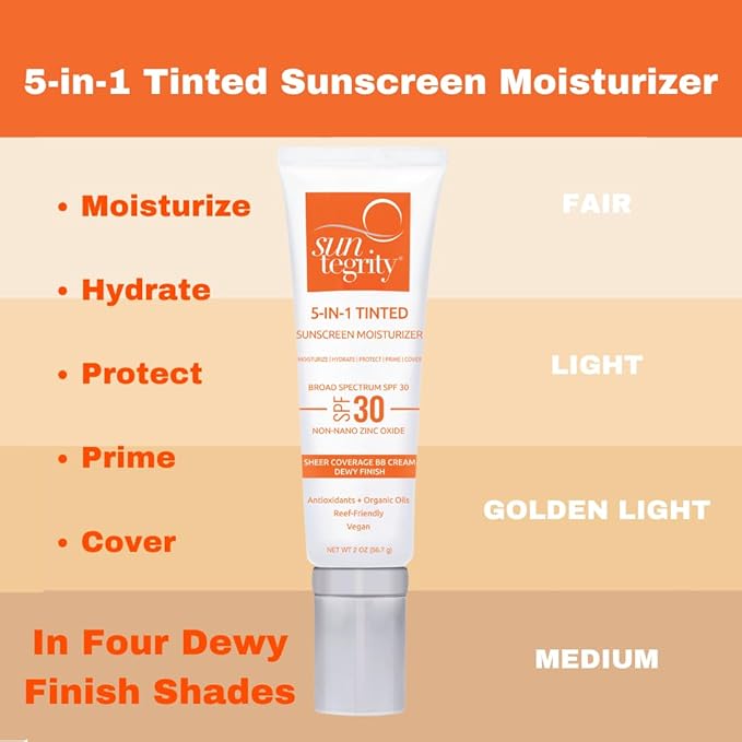 Suntegrity Tinted 5 in 1 Mineral Sunscreen for Face (SPF 30-2 oz) - Medium | BB Cream Moisturizer with Physical UVA/UVB Broad Spectrum Protection | Safe for Sensitive Skin-FemmiqueWomen