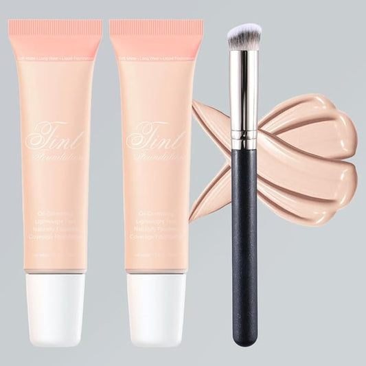 2 Pack Liquid Foundation Cream with Foundation Brush for Face Makeup,Durable Full Coverage Matte Concealer Make Up,Oil Control & Waterproof Base Primer -1 Fl.Oz (#02)-FemmiqueWomen