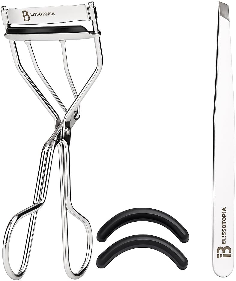 Eyelash Curlers and Tweezers for Every Eye Shape"" 2 in 1 Eyelash Curler and Tweezer Set for Instant Beauty"" Travel-Friendly and Easy to use, Silver-FemmiqueWomen