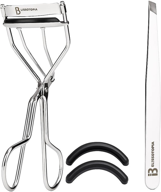 Eyelash Curlers and Tweezers for Every Eye Shape"" 2 in 1 Eyelash Curler and Tweezer Set for Instant Beauty"" Travel-Friendly and Easy to use, Silver-FemmiqueWomen