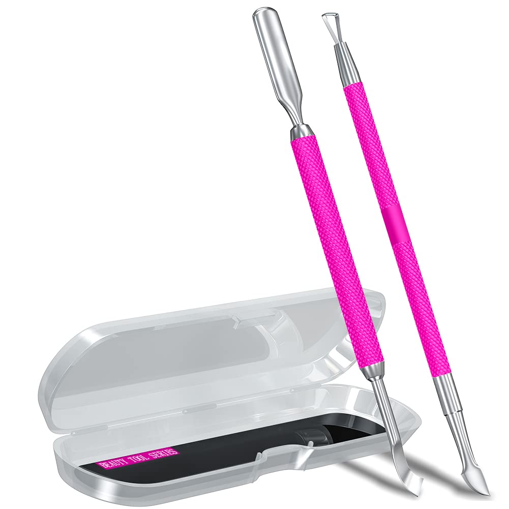 2PCS Metal Rose Pink Cuticle Pusher and Cutter Remover Salon Quality Stainless Steel Gel Nail Polish Peeler Scraper Durable Manicure and Pedicure Cleaner Tool For Fingernail and Toenail-FemmiqueWomen