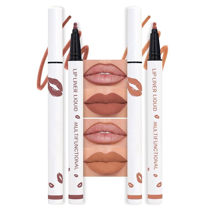 2Pcs Longwear Liquid Lip Liner Stain Marker Pen Set Long Lasting Waterproof, Mocha Nude Brown Matte Semi Permanent 24 Hour Lip Liner and Lipstick Combo, Color Stay Lipliner All Day Lips Stain peel off-FemmiqueWomen