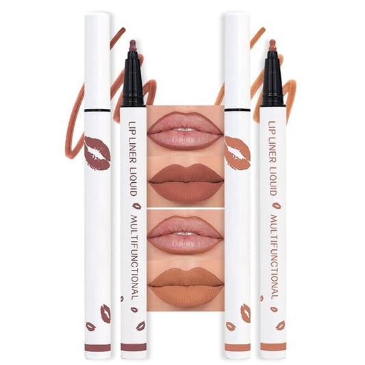2Pcs Longwear Liquid Lip Liner Stain Marker Pen Set Long Lasting Waterproof, Mocha Nude Brown Matte Semi Permanent 24 Hour Lip Liner and Lipstick Combo, Color Stay Lipliner All Day Lips Stain peel off-FemmiqueWomen
