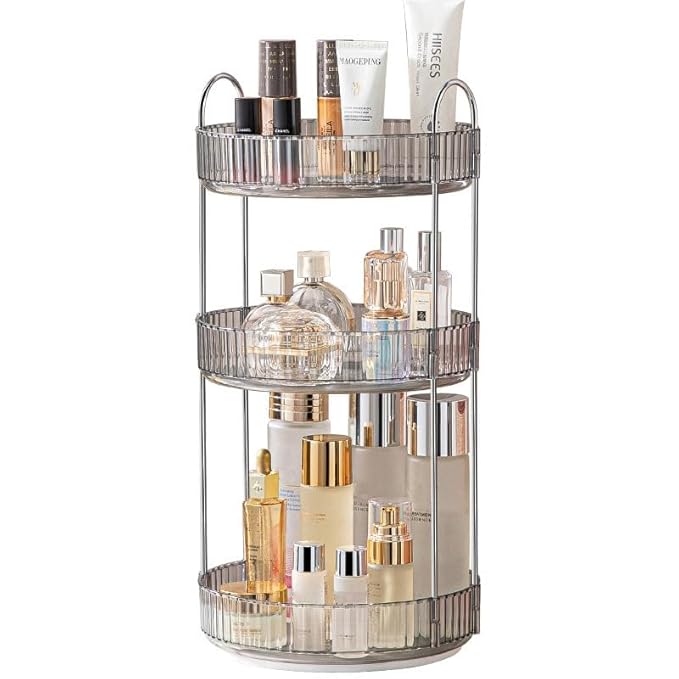 Makeup Organizer for Vanity, 360° Rotating Bathroom Organizer Countertop, High-Capacity Skincare Organizer, Spinning Cosmetics Organizer for Dresser Countertop (3 Tiers, Grey)-FemmiqueWomen