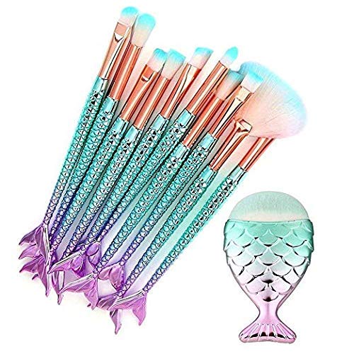 Funfunman Makeup Brushes 11PCS Make Up Foundation Eyebrow Eyeliner Blush Cosmetic Concealer Brushes(Mermaid Colorful)-FemmiqueWomen