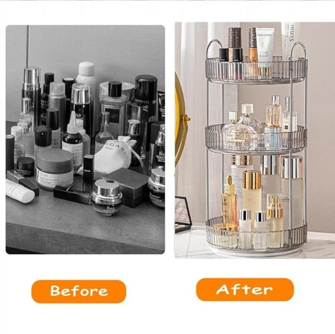 Makeup Organizer for Vanity, 360° Rotating Bathroom Organizer Countertop, High-Capacity Skincare Organizer, Spinning Cosmetics Organizer for Dresser Countertop (3 Tiers, Grey)-FemmiqueWomen