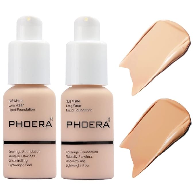 2 Pack PHOERA Foundation,Matte Oil Control Concealer Foundation Cream,PHOERA Long Lasting Waterproof Matte Liquid Foundation for Women Girls (102 Nude+104 Buff Beige)-FemmiqueWomen