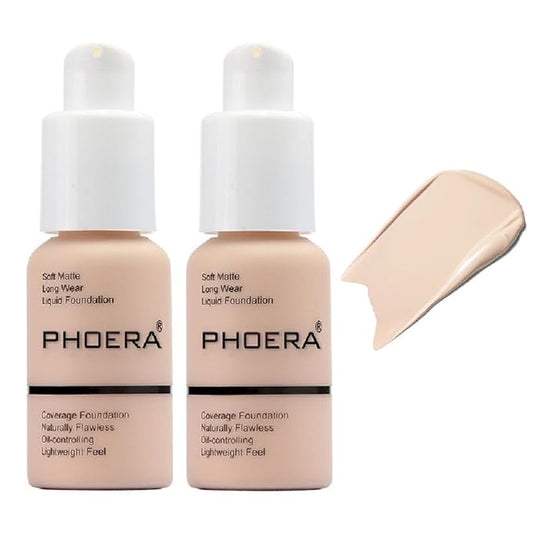 2 Pack PHOERA Foundation 101 Porcelain Makeup,Full Coverage Foundation for Women and Girls(101 Porcelain)-FemmiqueWomen