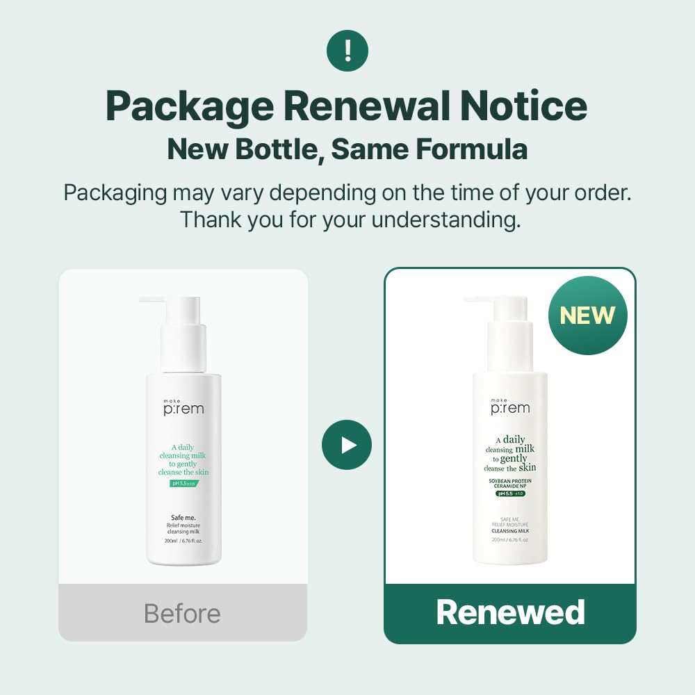 MAKE P:REM Safe Me. Relief Moisture Cleansing Milk, Hydrating Gentle Face Wash for Sensitive Skin with Soy Protein, Korean Milky Cleanser, Korean Skin Care, 6.76 Fl.Oz, 200ml-FemmiqueWomen