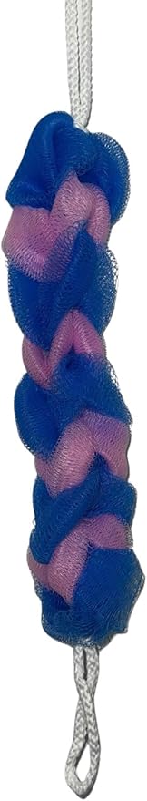 Long Reach Nylon Mesh Elastic Dual-Color Bathing Sponge for Soft Sensitive Skin (Blue-Pink)