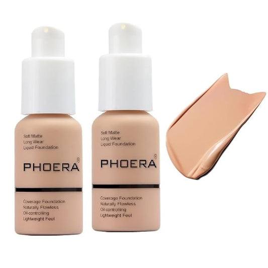 2 Pack PHOERA Foundation, Full Coverage Foundation, Flawless Soft Matte Liquid Foundation Makeup for Women.(103# Warm Peach)-FemmiqueWomen