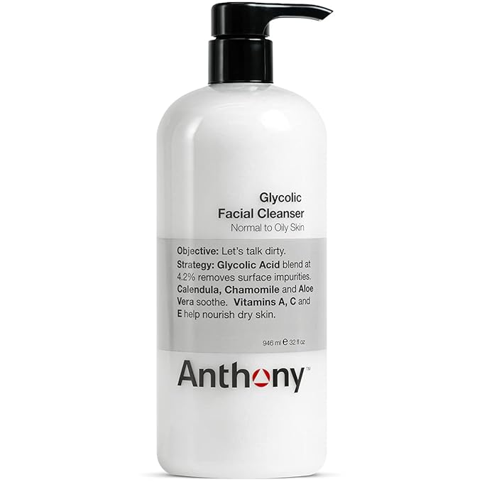Anthony Glycolic Facial Cleanser for Men, Daily Exfoliating & Hydrating Face Wash, Shave Prep, Non-Foaming, Deep Cleansing, Gentle on Sensitive Skin, Removes Dirt & Oil, Smooths Texture, 32 Fl Oz-FemmiqueWomen