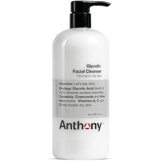 Anthony Glycolic Facial Cleanser for Men, Daily Exfoliating & Hydrating Face Wash, Shave Prep, Non-Foaming, Deep Cleansing, Gentle on Sensitive Skin, Removes Dirt & Oil, Smooths Texture, 32 Fl Oz-FemmiqueWomen