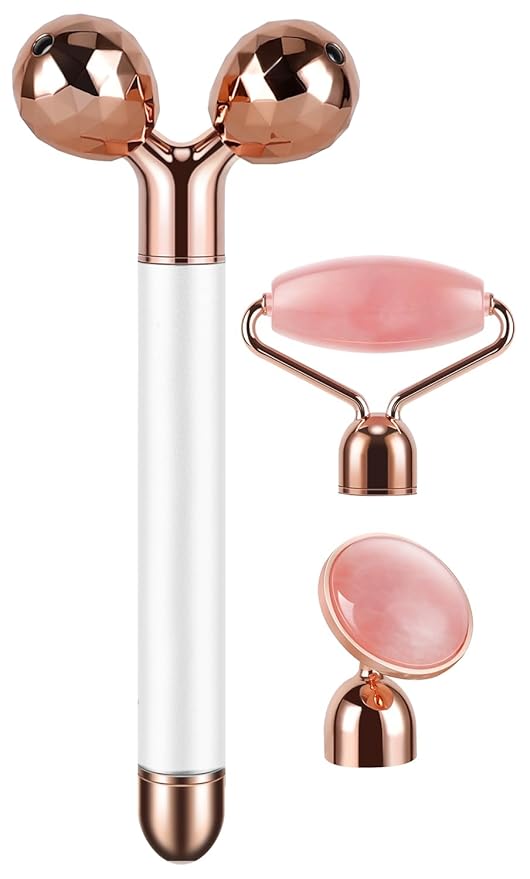 3-IN-1 Electric Jade Roller 3D Roller Facial Roller & Face Massager, Rose Quartz-FemmiqueWomen