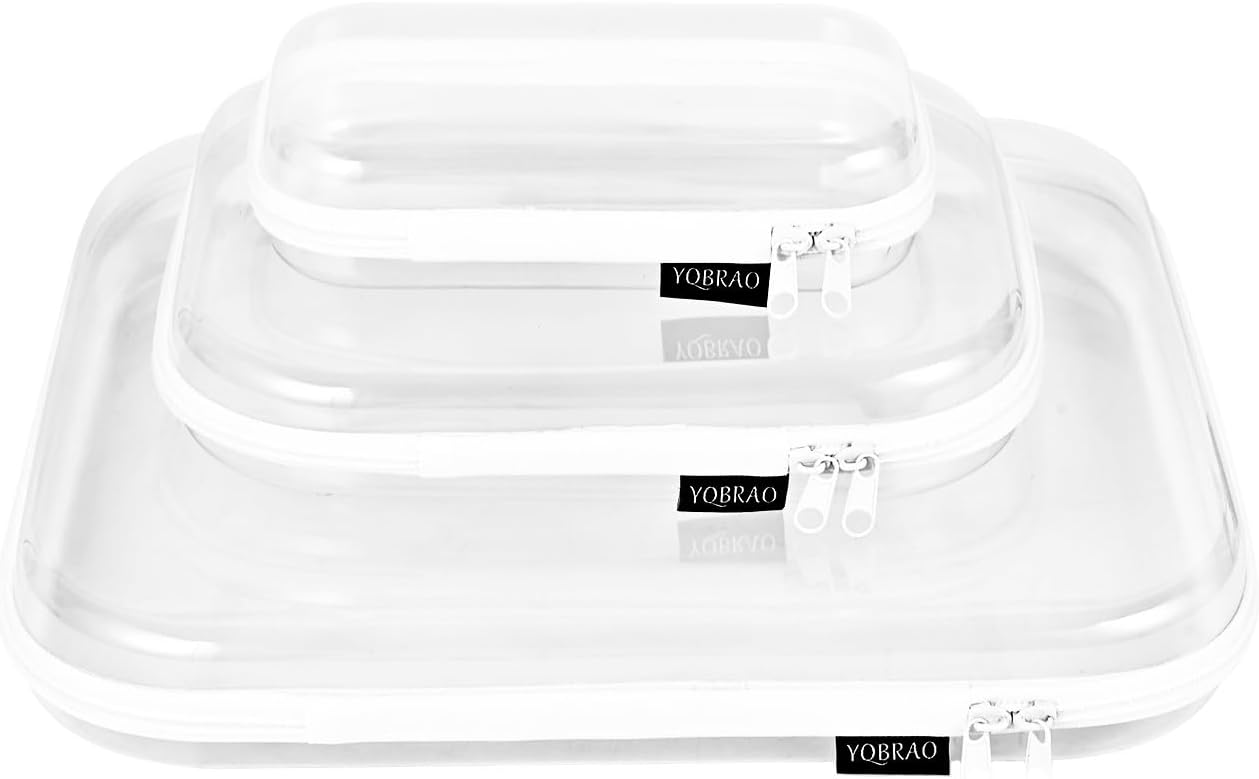 Hard Sided Clear Zipper Case for Storage- Professional-Grade Plastic Clear Zipper Pencil Case,Toy Storage Bins, Toiletry Pouch, Travel Organizer, Cosmetic Bag（White,3 Pack, LMS）-FemmiqueWomen