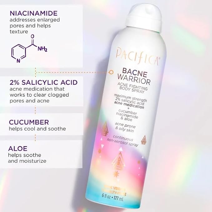 Pacifica Bacne Acne Cleanser Spray - Bacne Warrior - Body Spray for Acne Treatment - w/ 2% Salicylic Acid Niacinamide & Aloe - for Body, Chest & Back Acne for Teens & Adults Vegan Dermatologist Tested-FemmiqueWomen