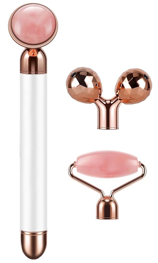 3-IN-1 Electric Jade Roller 3D Roller Facial Roller & Face Massager, Rose Quartz-FemmiqueWomen
