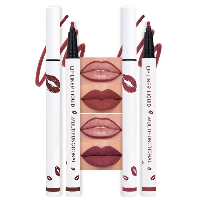 2Pcs Longwear Liquid Lip Liner Stain Marker Pen Set Long Lasting Waterproof, Black Cherry Wine Red Matte Permanent 24 Hour Lip Liner and Lipstick Combo, Color Stay Lipliner All Day Lips Stain peel off-FemmiqueWomen