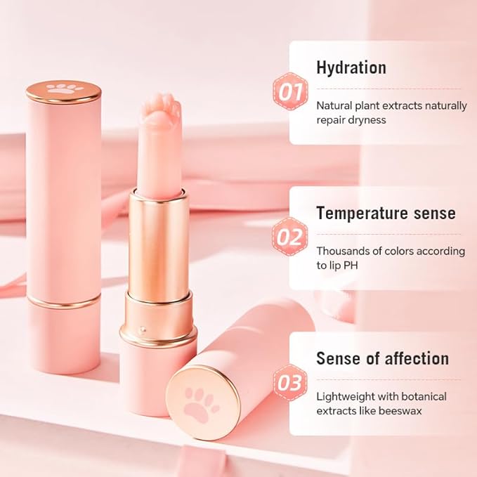 2PCS Thermochromic Lip Balm,Cat Paw Shaped Color Changing Lip Balm, Mini Cute Moisturizing Lip Balm, Long Lasting Lip Balm for Dry Lips Temperature Change Fruit Jelly Lipstick for Female Student-FemmiqueWomen