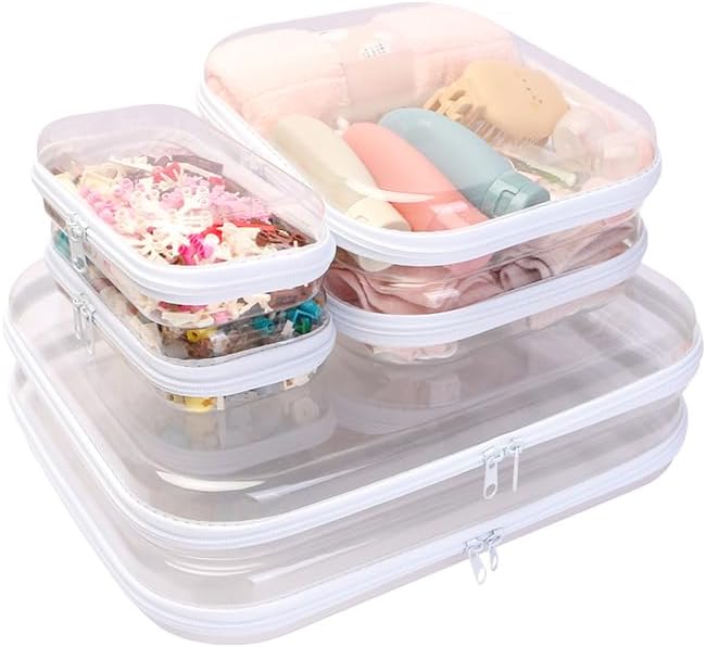 3PCS Clear Zipper Cases, Portable Clear Organizer Pouches for Travel, Double Zippered Hard Shell Plastic Case, Cosmetic Bag for Make Up Tools, Toiletries, Toy Storage(White,2 Pack)-FemmiqueWomen