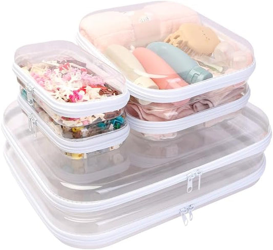 3PCS Clear Zipper Cases, Portable Clear Organizer Pouches for Travel, Double Zippered Hard Shell Plastic Case, Cosmetic Bag for Make Up Tools, Toiletries, Toy Storage(White,2 Pack)-FemmiqueWomen