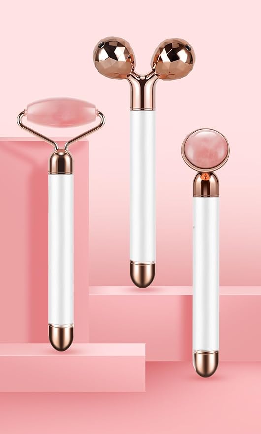 3-IN-1 Electric Jade Roller 3D Roller Facial Roller & Face Massager, Rose Quartz-FemmiqueWomen