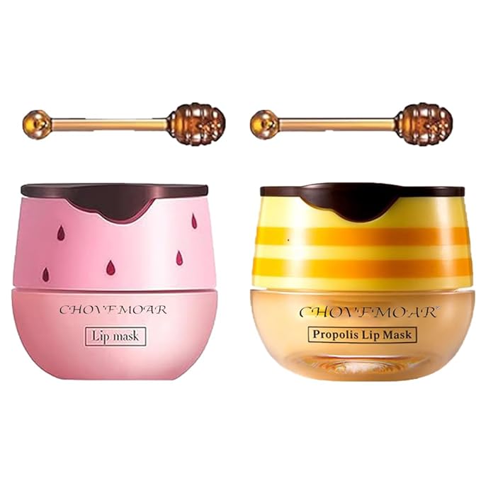 2 Pack Nourishing Lip Balm Honey Pot, Moisturizing Honey & Strawberry Propolis Lip Mask, Hydrating & Prevention Dry and Cracked Lip Scrubs Exfoliator Lip Sleeping Mask Reduces Lip Lines-FemmiqueWomen