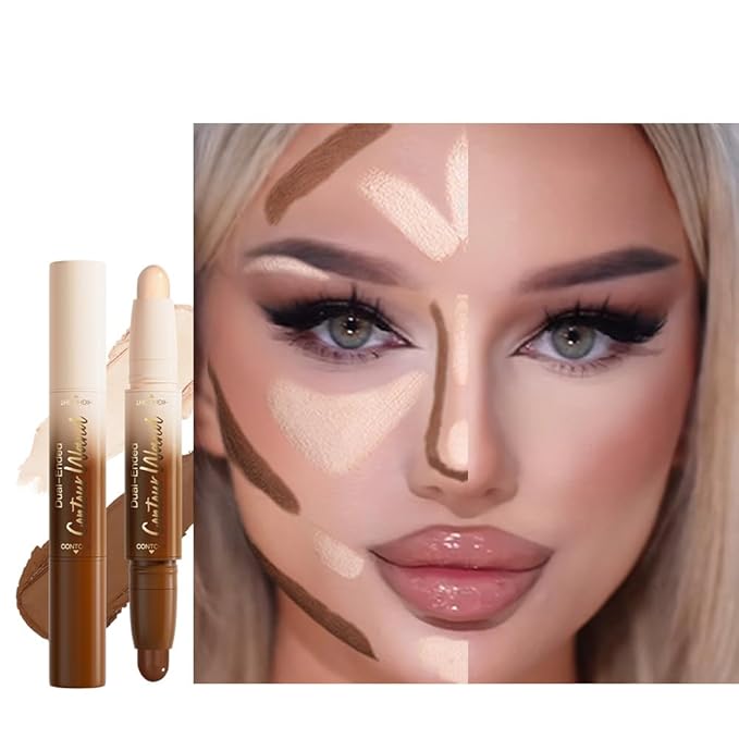 2in1 Cream Contour Highlighter Stick, Neutral Bronzer Makeup Sticks, Applies Dual-Ended Sculpting Stick for Face Body, Long Lasting Waterproof No Smudging, Suitable for Makeup Beginners-Fair-FemmiqueWomen