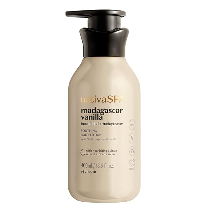 Nativa SPA by O Boticário, Madagascar Vanilla Moisturizing Body Lotion, Fragranced Skin Moisturizer with Purified Quinoa Drops, 13.5 Ounce-FemmiqueWomen