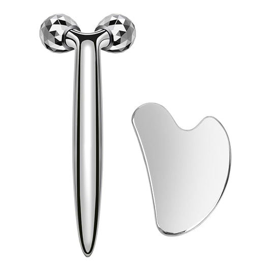3D Gua Sha Facial Tools Metal Face Roller Stainless Steel Gua Sha Set Cooling Massage Tools for Reduce Puffiness, Firm Skin, Anti-Aging Care - Daily Facial Sculpting Gift for Women-FemmiqueWomen