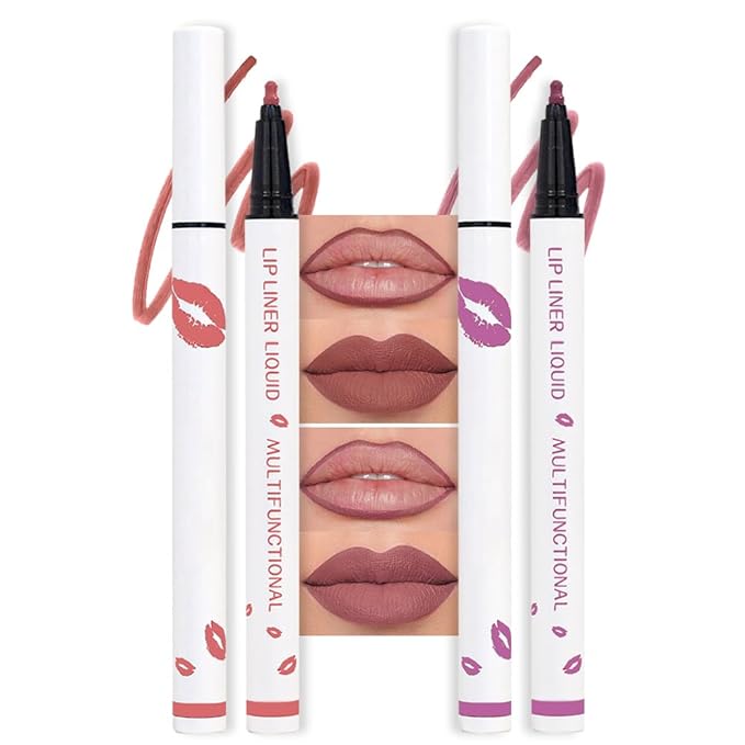 2Pcs Longwear Liquid Lip Liner Stain Marker Pen Set Long Lasting Waterproof, Maroon Dusty Mauve Purple Matte 24 Hour Lip Liner and Lipstick Combo Korean Color Stay Lipliner All Day Lips Stain peel off-FemmiqueWomen