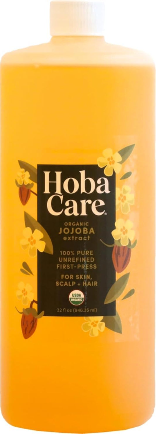 HobaCare Unrefined Organic Jojoba Oil for Skin Care, Hair, Beard, Scalp Massage - 100% Pure Carrier Oil for Perfume or Soap Making - Natural, Vegan, Cruelty-Free, Hexane-Free, Long Shelf Life (32 oz)-FemmiqueWomen