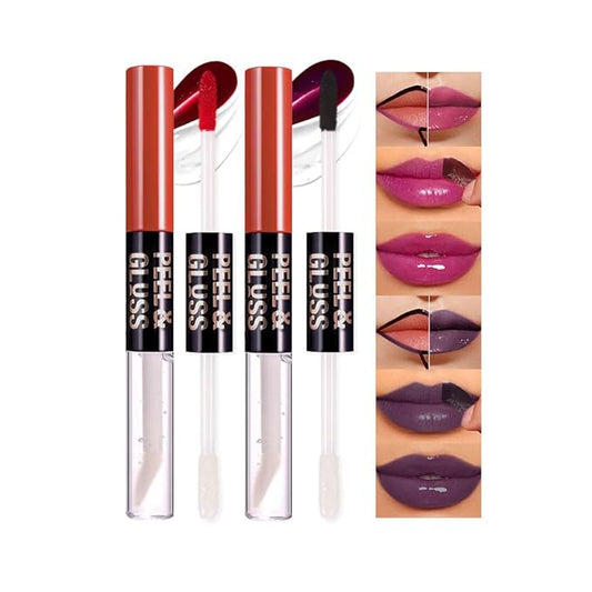 2Pcs Peel Off Lip Gloss Tattoo and Lip Oil 2-in-1, Lip Stain Peel Off Masque - Peel Off Lip Tint ,Long Lasting Waterproof Transfer-proof Lip Mask Lip Gloss Peel Off Lip Liner,Stay Lip Makeup 05#+08#-FemmiqueWomen