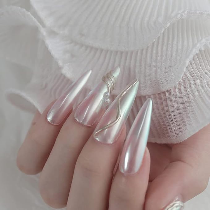 2 Pcs White Iridescent Nails Powder Aurora Chrome Powder for Nails,Mermaid Chrome Nail Pearl Powder Chameleon Chrome Nail Powder Manicure Pigment(2 Pcs Moonlight)-FemmiqueWomen