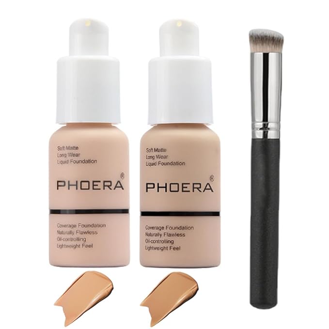 2 Pcs Liquid Foundation Full Coverage 24HR 30ml Matte Oil Control Foundation Makeup Concealer (Buff Beige & Sand) with Kabuki Foundation Brush Flat Top-FemmiqueWomen