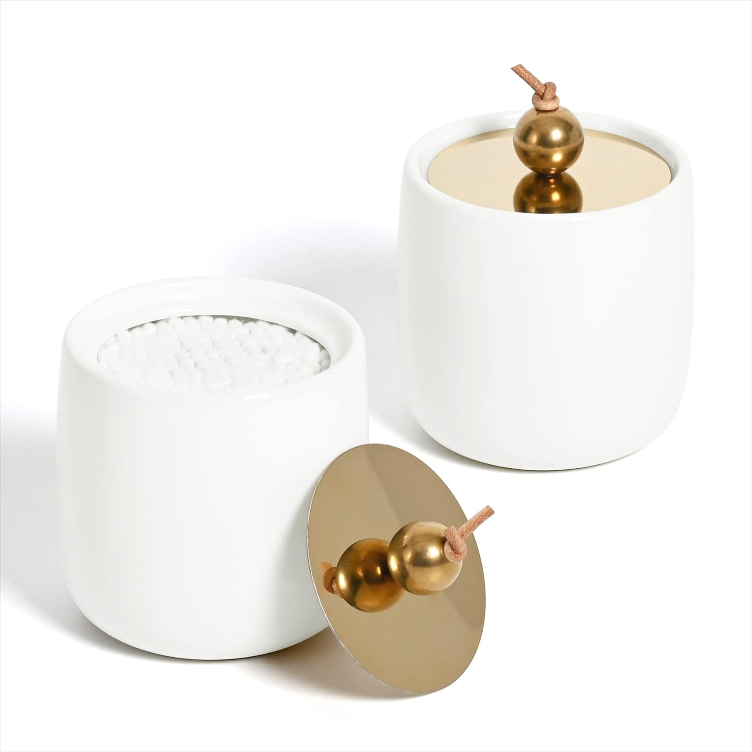 2 Pack Ceramic Qtip Holder Dispenser with Gold Lids, White Apothecary Jars Bathroom Vanity Organizer for Home Decor - Bathroom Canister for Cotton Swabs, Rounds, Balls, Makeup Sponges, Bath Salts-FemmiqueWomen